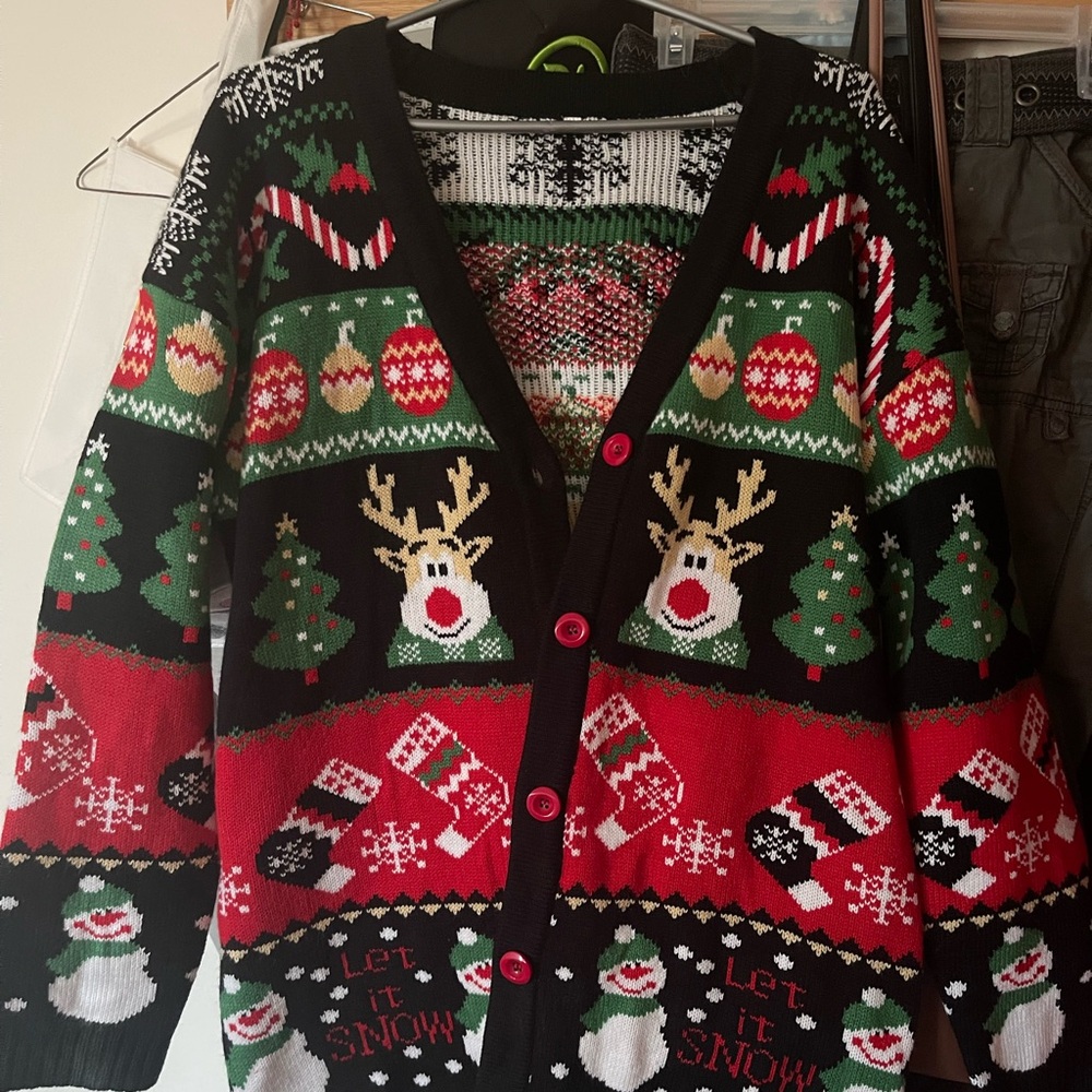Festive Christmas Cardigan with Reindeer and Snowman